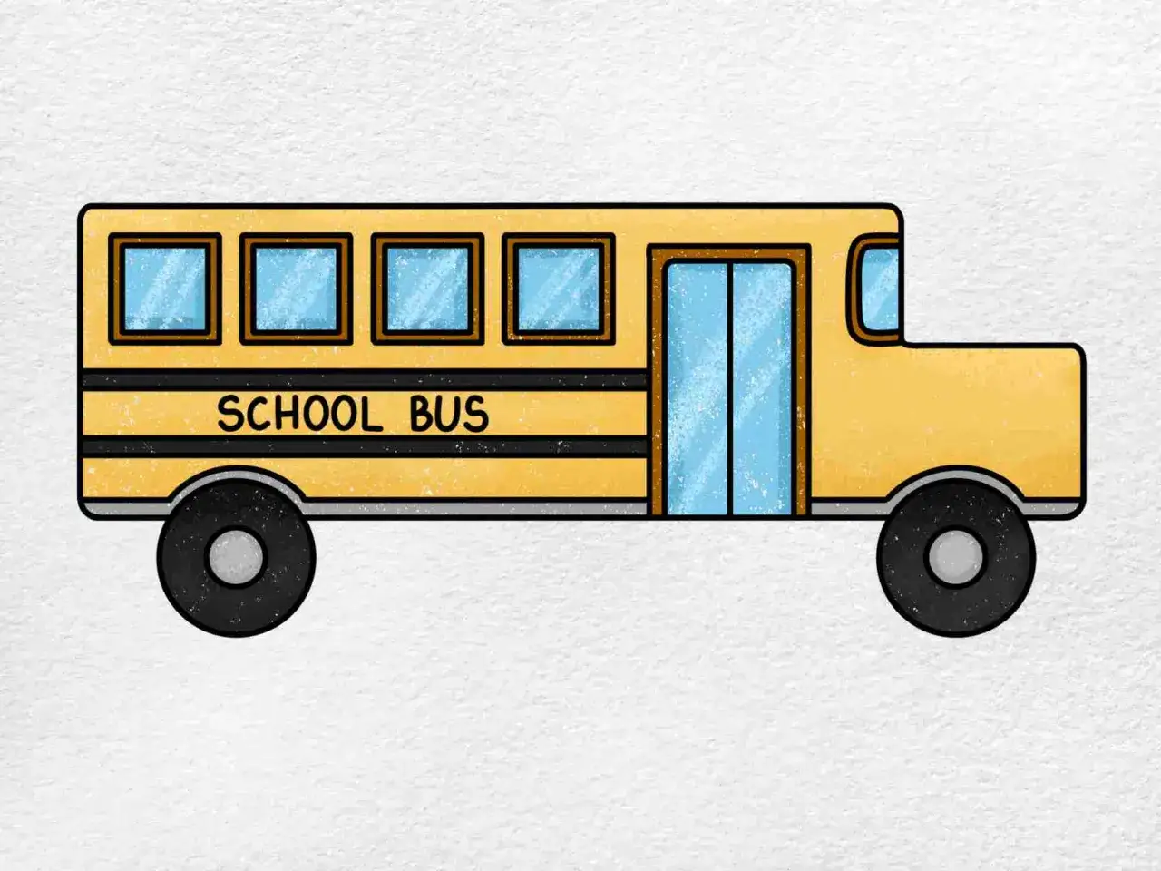 Jak narysować autobus krok po kroku: żółty szkolny autobus z czarnymi kołami i niebieskimi oknami.
