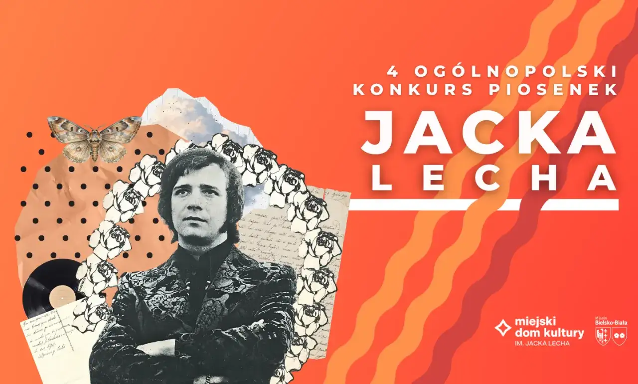 4. Ogólnopolski Konkurs Piosenek Jacka Lecha. Portret artysty, ćma, róże i płyta winylowa.