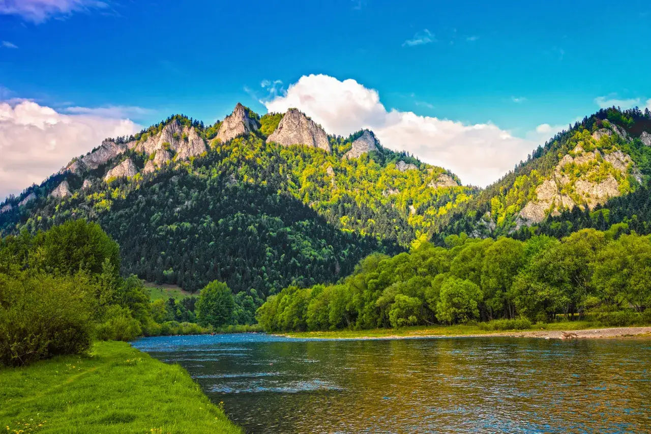 Malownicze Pieniny, gdzie nocować można w otoczeniu zielonych las&oacute;w i g&oacute;rskich szczyt&oacute;w nad rzeką.