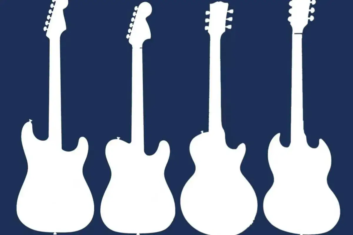 Cztery białe sylwetki gitar elektrycznych na granatowym tle. Szukasz idealnej gitary elektrycznej online?
