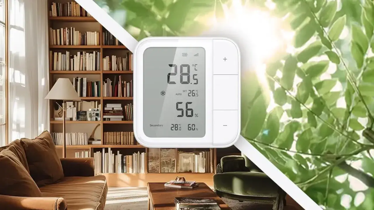 Un termostato digital muestra 28.5°C y 56% de humedad, junto a una sala de estar acogedora y hojas verdes iluminadas por el sol.