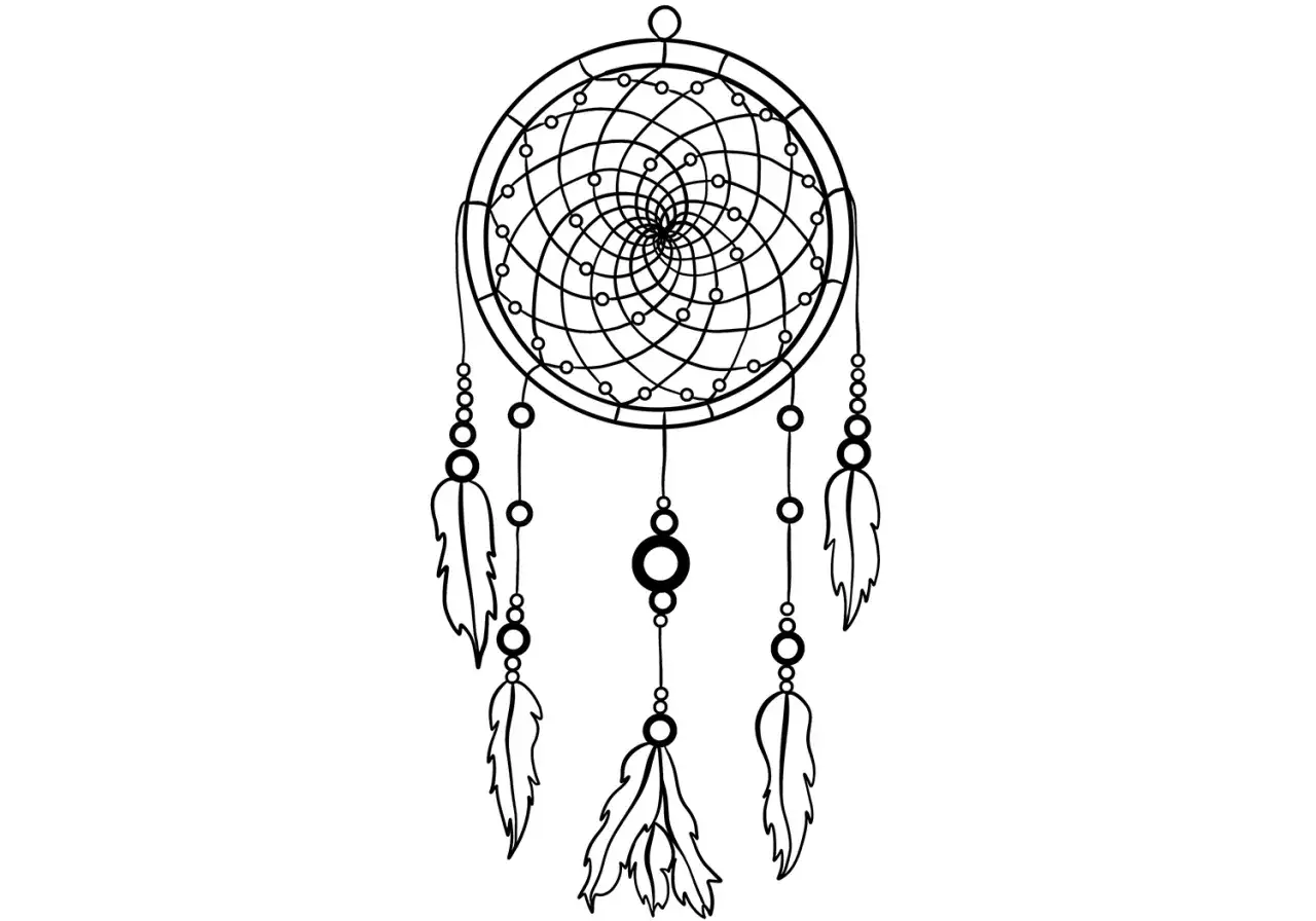 Un dessin attrape rêve facile, avec un cercle central orné de spirales et de perles, d'où pendent des plumes stylisées.