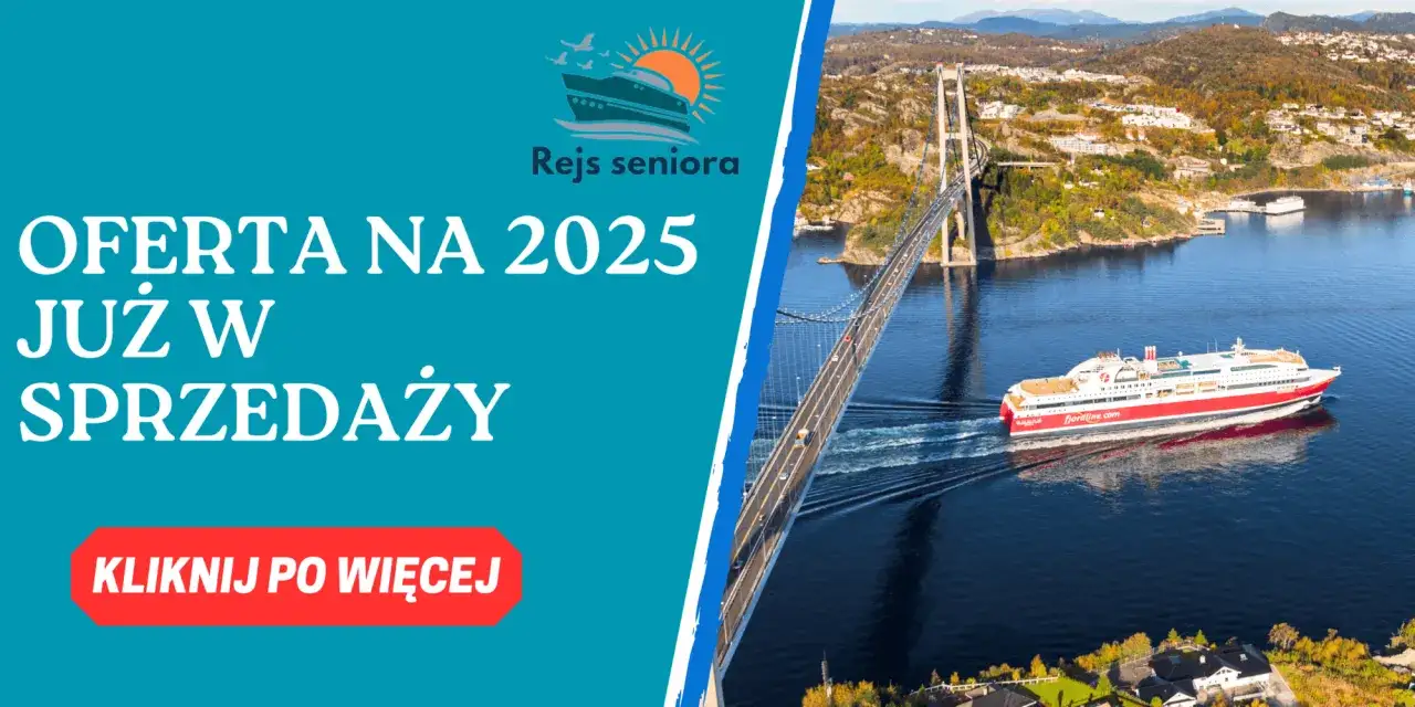 Rejsy dla seniorów 2025 już w sprzedaży! Kliknij po więcej. Statek płynie pod mostem w malowniczym fiordzie.