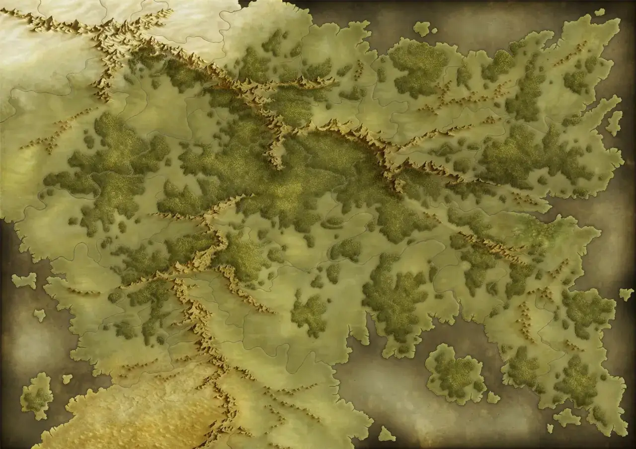 Mapa krainy z gry **Age of Wonders**. Zielone lasy i pofałdowane tereny, poprzecinane kanionami i rzekami.
