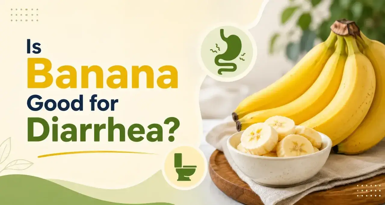 Banan na zatrucie pokarmowe? Na obrazku pęk banan&oacute;w i miseczka z pokrojonymi plasterkami. Ikony żołądka i toalety sugerują ulgę w problemach trawiennych.
