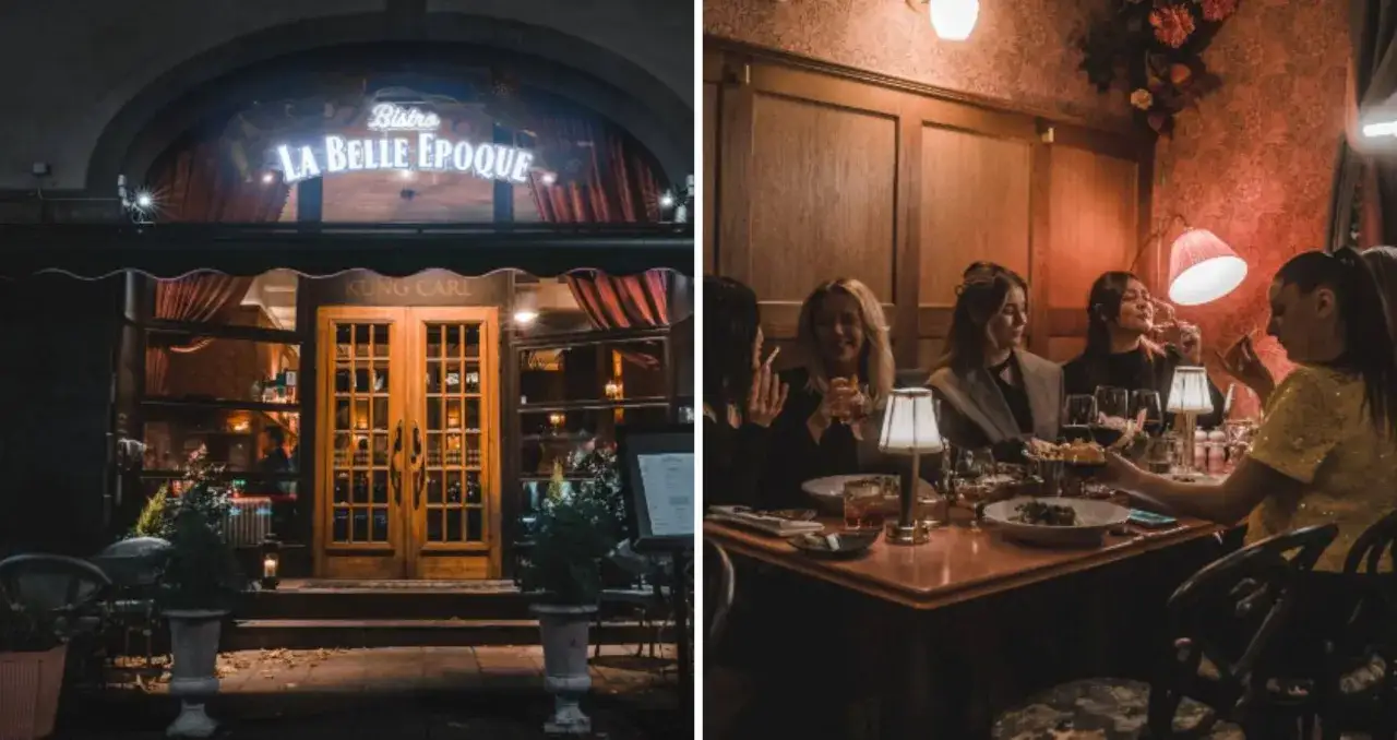 Kvällsbild av Bistro La Belle Époque med gäster som njuter av en middag.