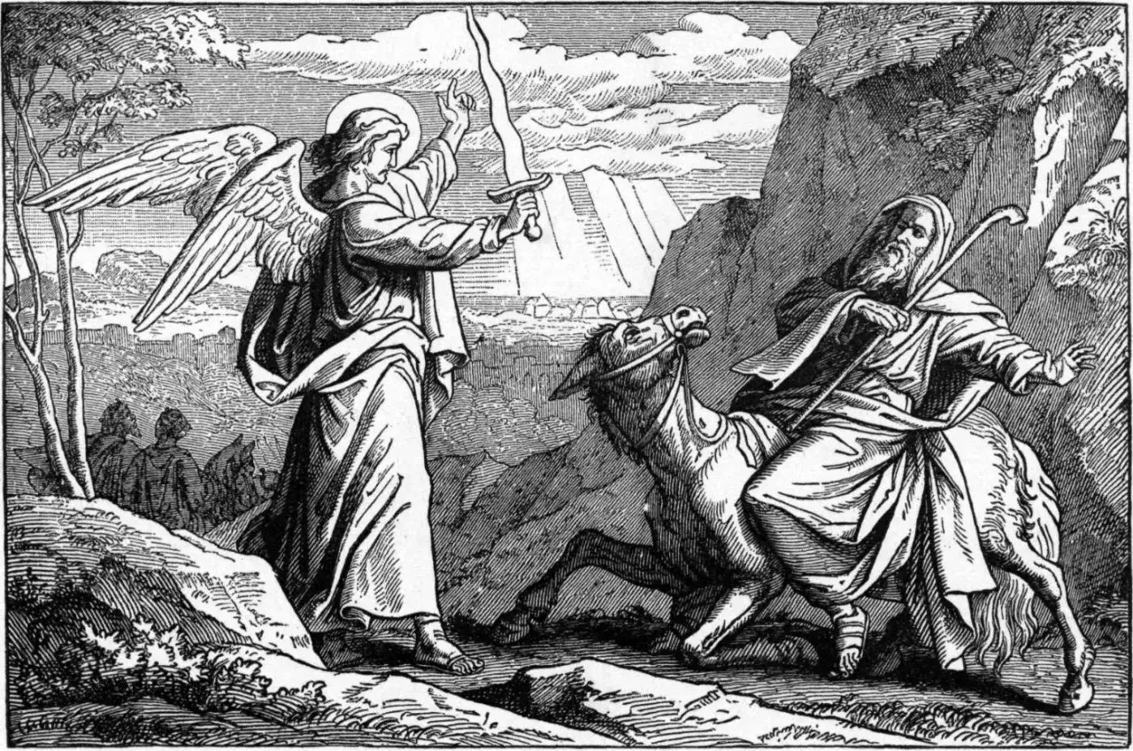 Balaam in the Bible, riding his donkey, encounters an angel with a drawn sword blocking his path. The donkey refuses to move, a pivotal moment in the story.