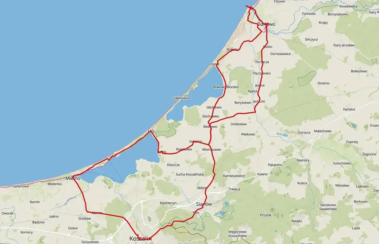 Trasa rowerowa wokół jeziora Jamno i przez Mielno, z widocznymi miejscowościami jak Koszalin, Sianów i Darłowo.