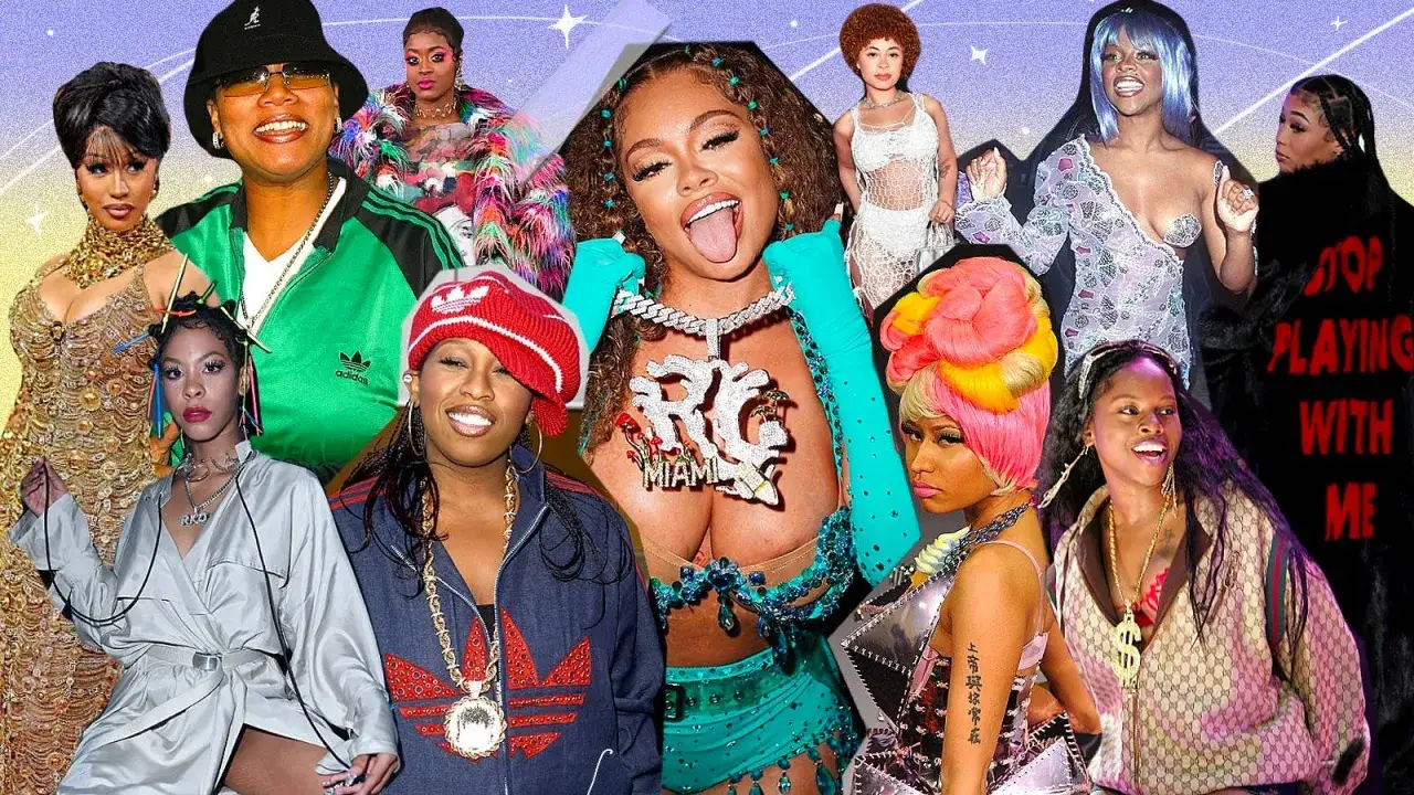 Ikony hip-hopu: Cardi B, Missy Elliott, Latto, Nicki Minaj i inne amerykanska raperka w barwnym kolażu.