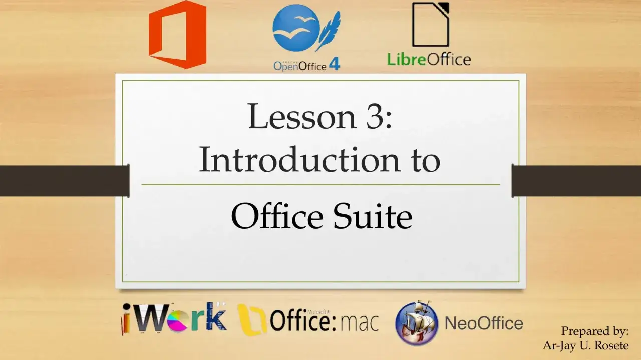 Lekcja 3: Wprowadzenie do pakietów biurowych, w tym WPS Office. Widoczne loga OpenOffice, LibreOffice, iWork, Office:mac, NeoOffice.