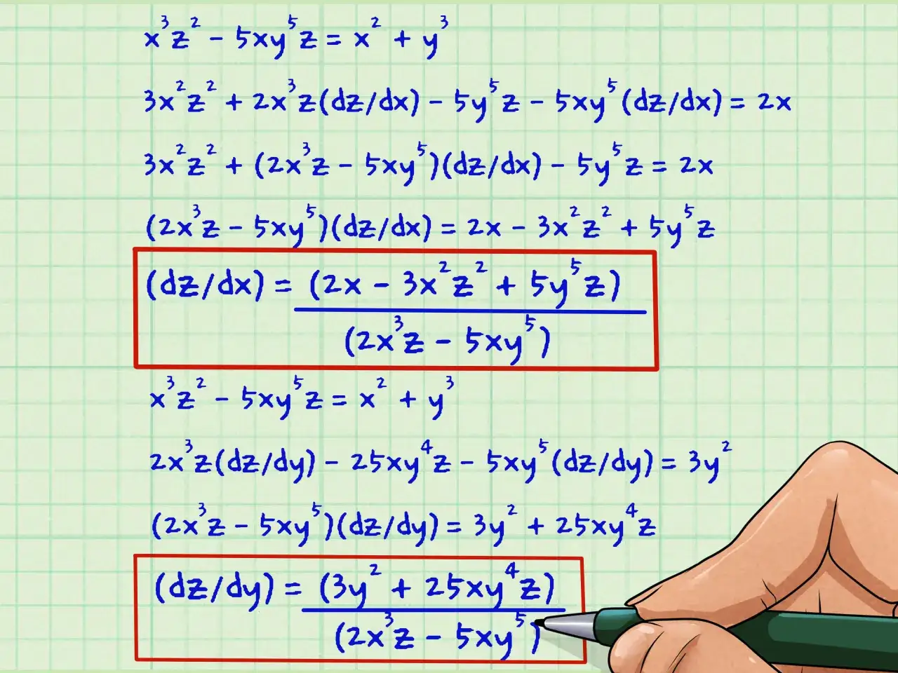 Ejemplo de cálculo de derivada implícita, mostrando pasos para hallar dz/dx y dz/dy.