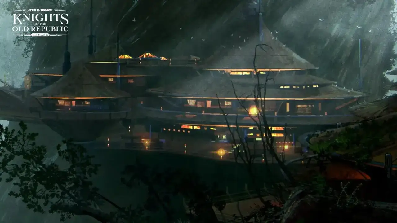 Edificio en cascada con luces c&aacute;lidas, rodeado de vegetaci&oacute;n y niebla. Arte conceptual del kotor remake.