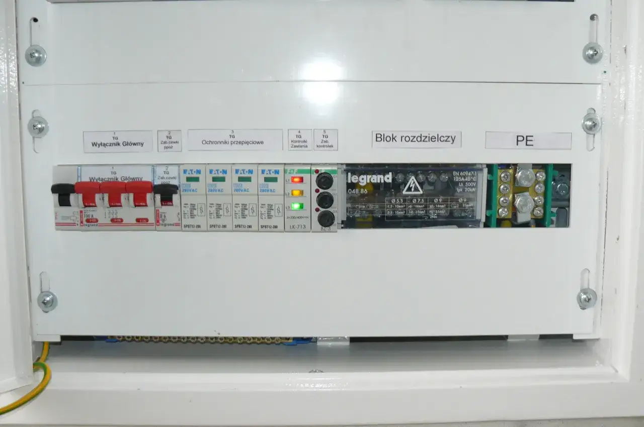 Panel elektryczny z wyłącznikiem głównym, zabezpieczeniem kontrolek faz, ochronnikami przepięciowymi i blokiem rozdzielczym.