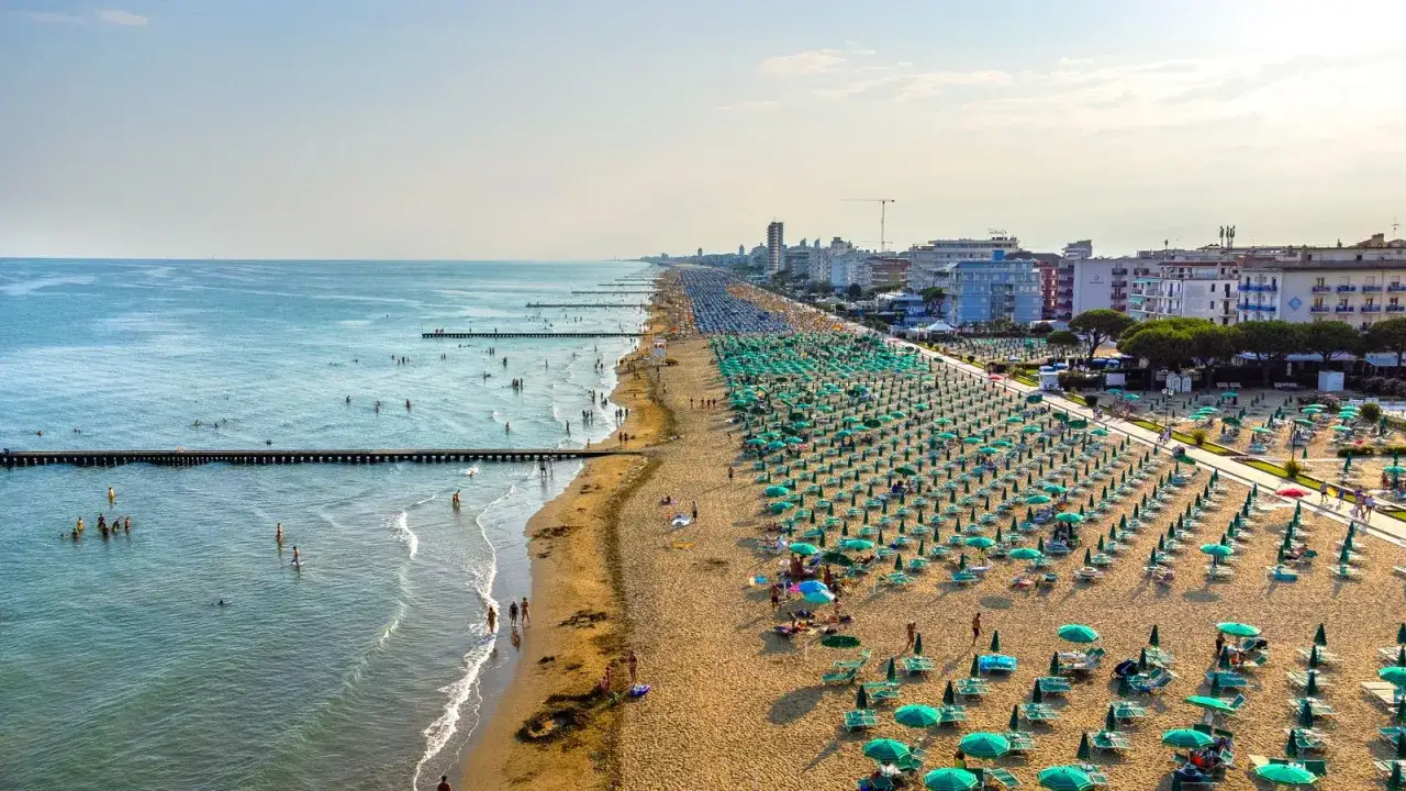Słoneczna wenecja plaza tętni życiem. Tłumy plażowiczów kąpią się w morzu i odpoczywają pod zielonymi parasolami na piaszczystym brzegu.