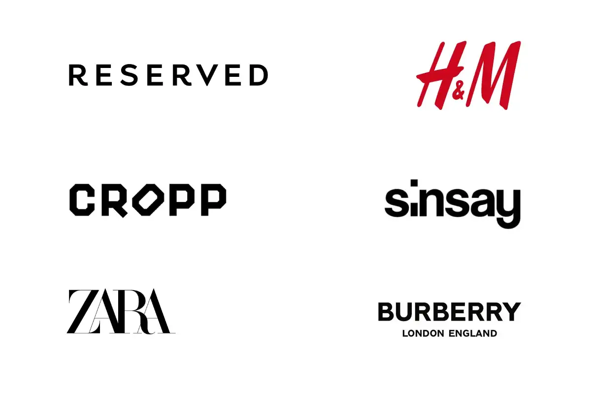 Logo fonty znanych marek odzieżowych: Reserved, H&M, Cropp, Sinsay, Zara, Burberry.