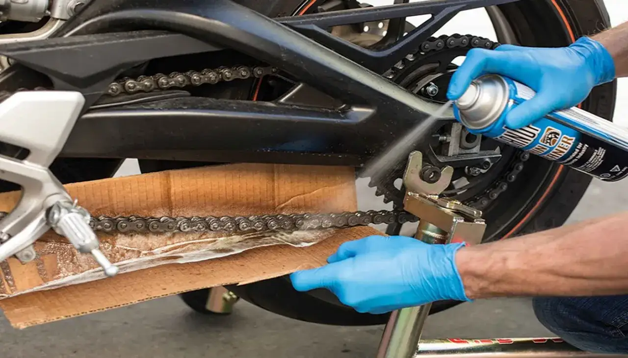 Manos enguantadas roc&iacute;an limpiador en la cadena de una moto para limpiarla.