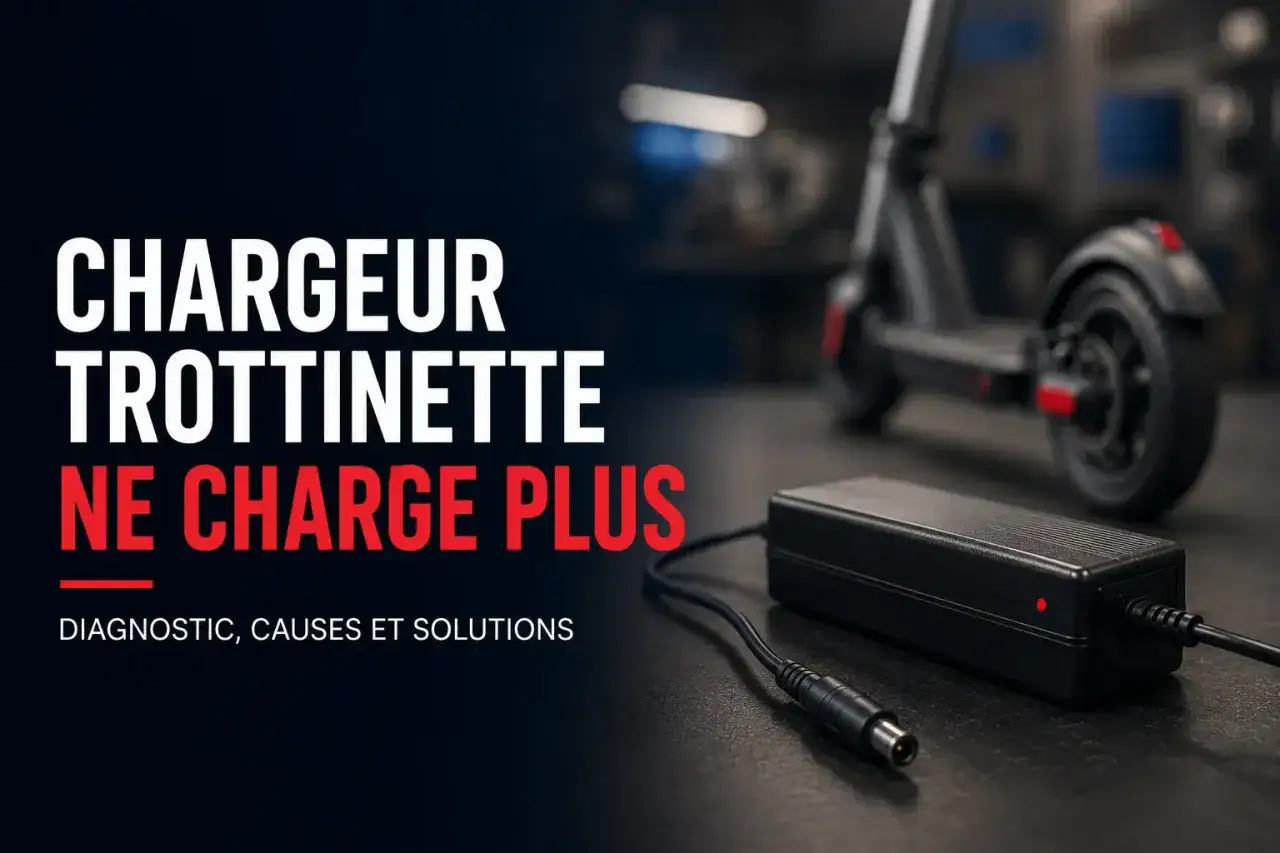 Un chargeur de trottinette électrique est posé sur un fond sombre, avec une trottinette floue en arrière-plan. Le texte indique