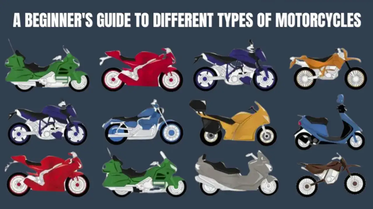Guida ai diversi tipi di moto: sportive rosse, touring verdi, naked blu e gialle, scooter blu, da cross arancioni e marroni.