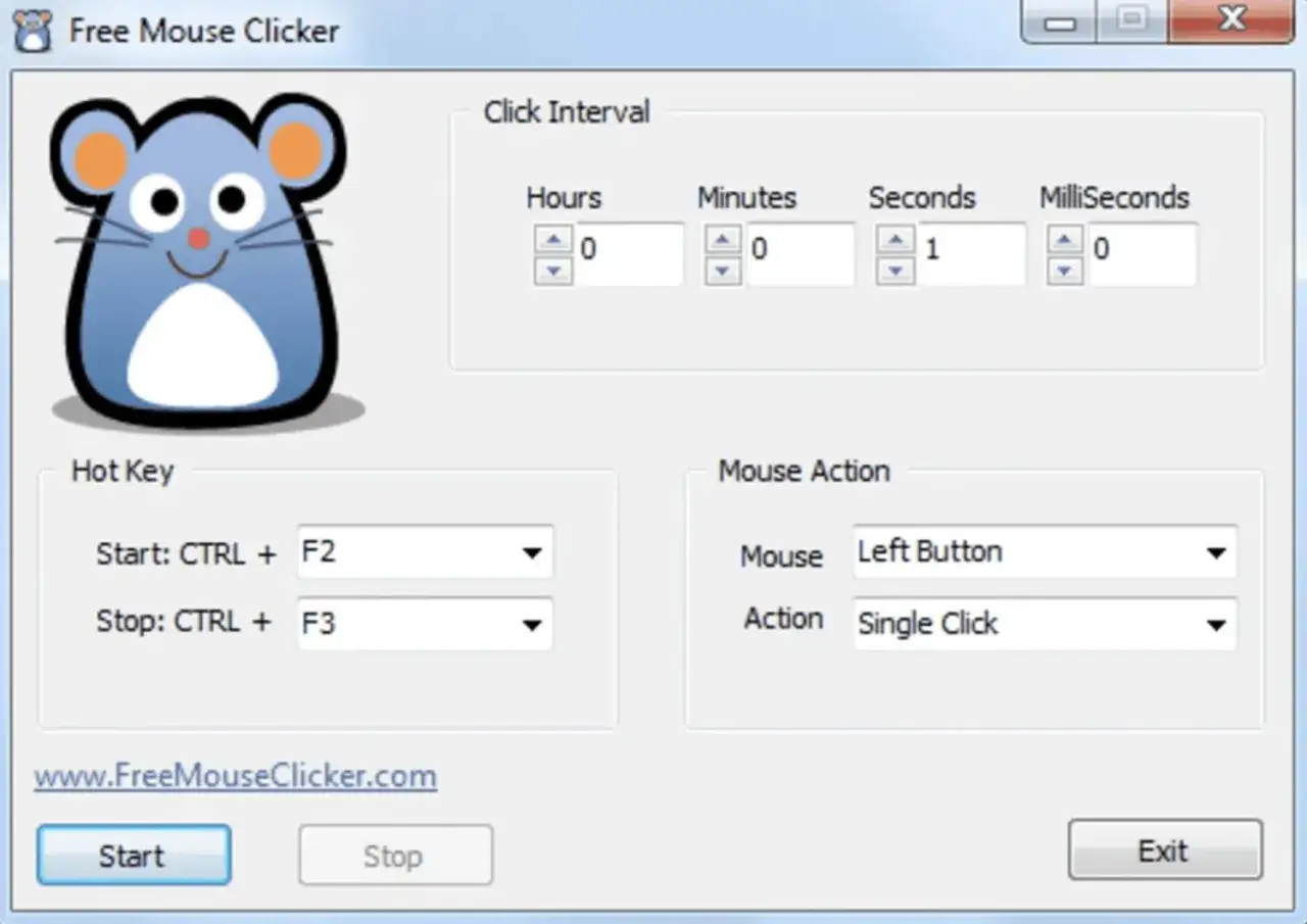 Interfejs programu Free Mouse Clicker z ustawieniami interwału kliknięć, klawiszy skr&oacute;tu (Ctrl+F2/F3) i akcji myszy.