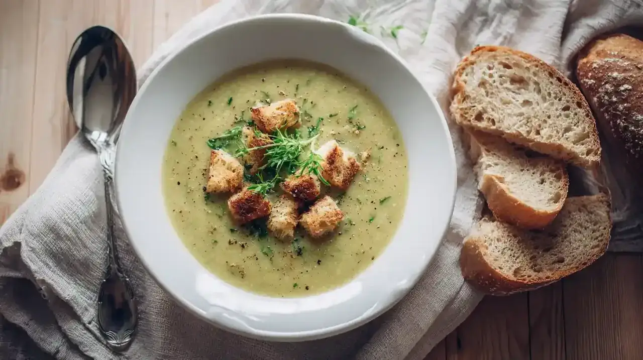 Eine cremige Zucchini-Suppe mit knusprigen Croutons und frischen Kr&auml;utern, serviert mit rustikalem Brot.