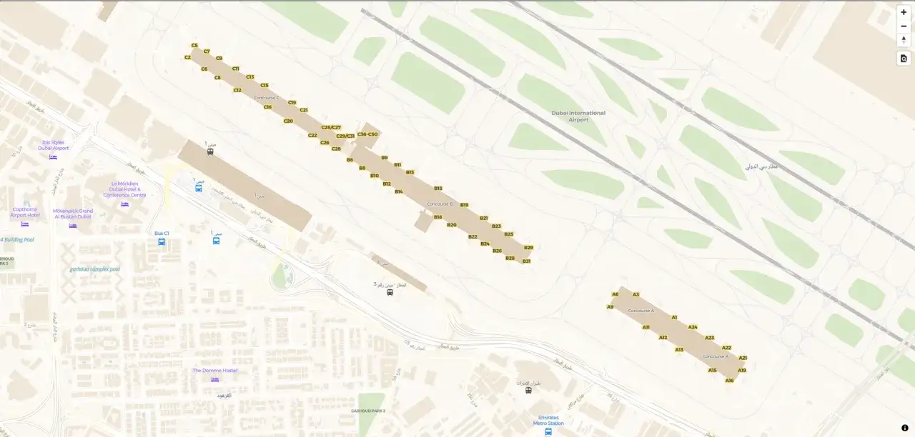 Mapa lotniska w Dubaju z zaznaczonymi terminalami A, B, C. Linie lotnicze Dubaj obsługują te terminale.
