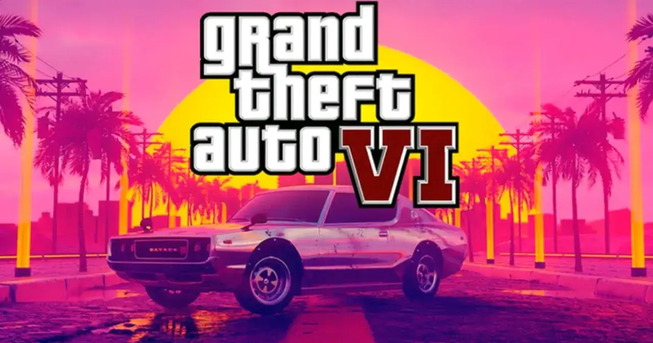 Retro samochód na tle neonowego zachodu słońca i palmy, logo Grand Theft Auto VI.