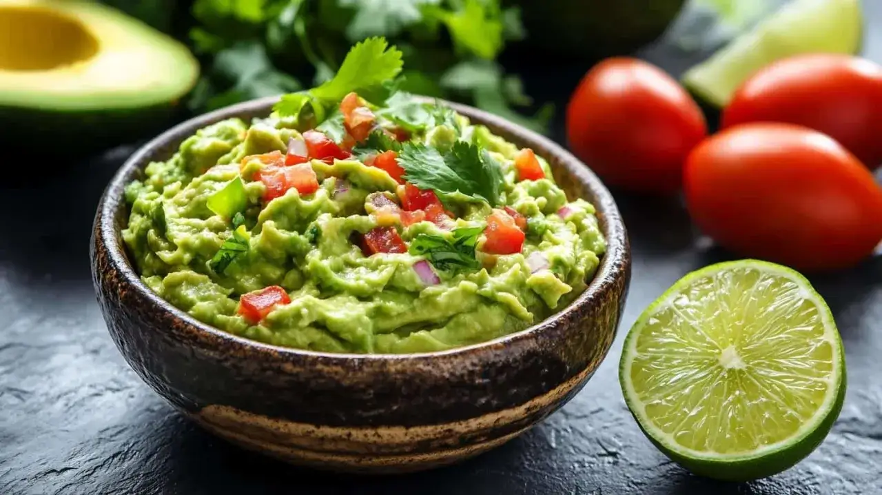 En skål med krämig guacamole, toppad med tärnad tomat och koriander. Bredvid syns färska tomater, lime och en avokadohalva. Perfekt för ditt guacamole recept!