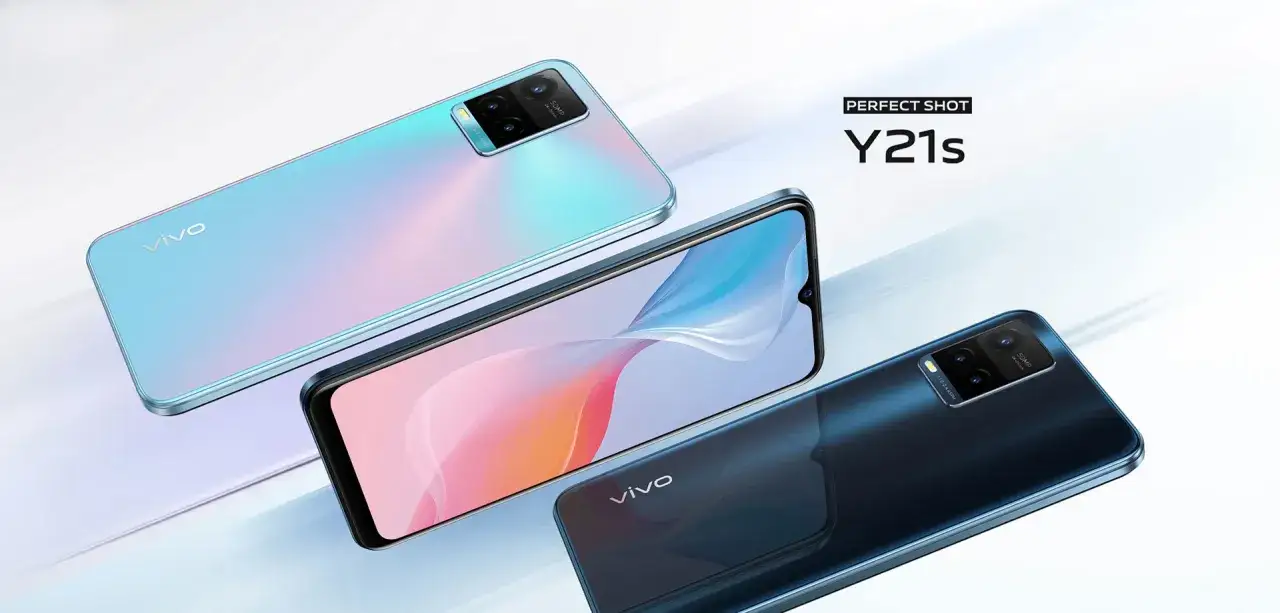 Dwa telefony vivo y21s w kolorach niebieskim i granatowym, prezentujące swoje aparaty i ekrany.