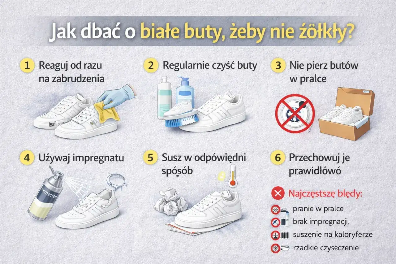 Odkryj najlepsze sposoby na lśniące białe trampki bez ryzyka ich rozklejenia: reaguj na zabrudzenia, czyść regularnie, nie pierz w pralce, używaj impregnatu, susz odpowiednio i przechowuj je prawidłowo.