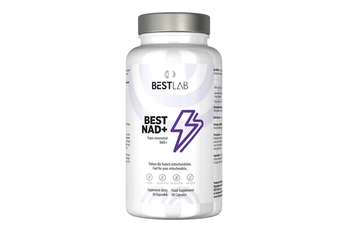 BESTLAB NAD+ - najlepsza firma z suplementami. Paliwo dla Twoich mitochondriów, wegańskie, bez glutenu i laktozy. 60 kapsułek.