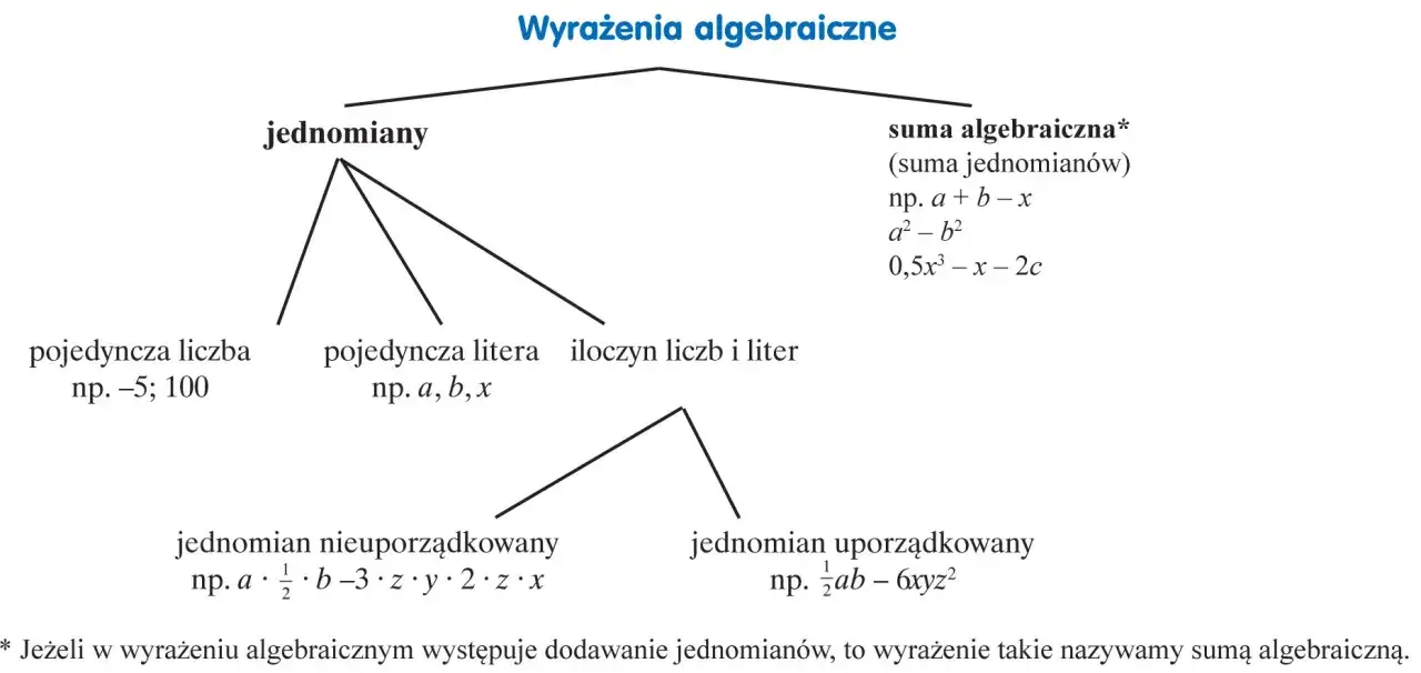 Drzewo pojęć: wyrażenia algebraiczne dzielą się na jednomiany i sumy algebraiczne. Jednomian może być liczbą, literą lub iloczynem.