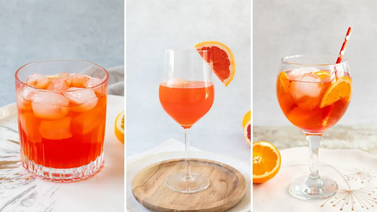 Trzy drinki Aperol Spritz z lodem i owocami cytrusowymi. Idealne na lato, pokazują, jak się pije Aperol.