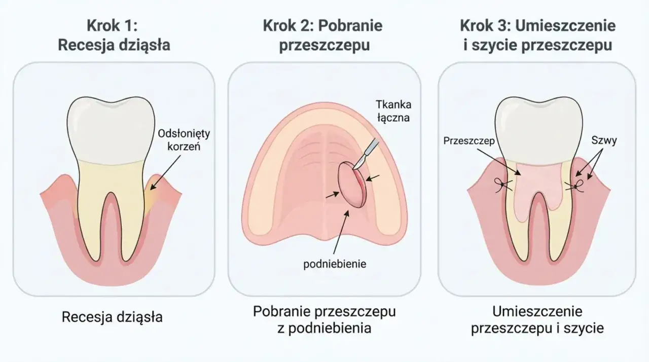 Ilustracja pokazuje etapy leczenia recesji dziąseł: odsłonięty korzeń, pobranie przeszczepu z podniebienia i jego umieszczenie.