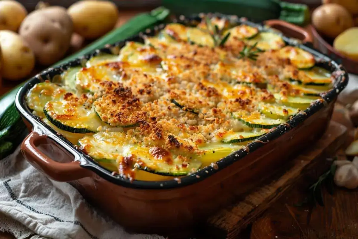Un délicieux gratin courgette pomme de terre, doré et croustillant, prêt à être dégusté.