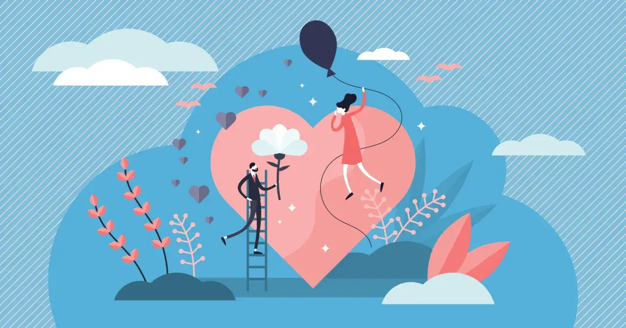 Un uomo su una scala offre un fiore a una donna che vola con un palloncino, simboleggiando l'amore di una persona ansiosa che cerca di raggiungere la serenit&agrave;.