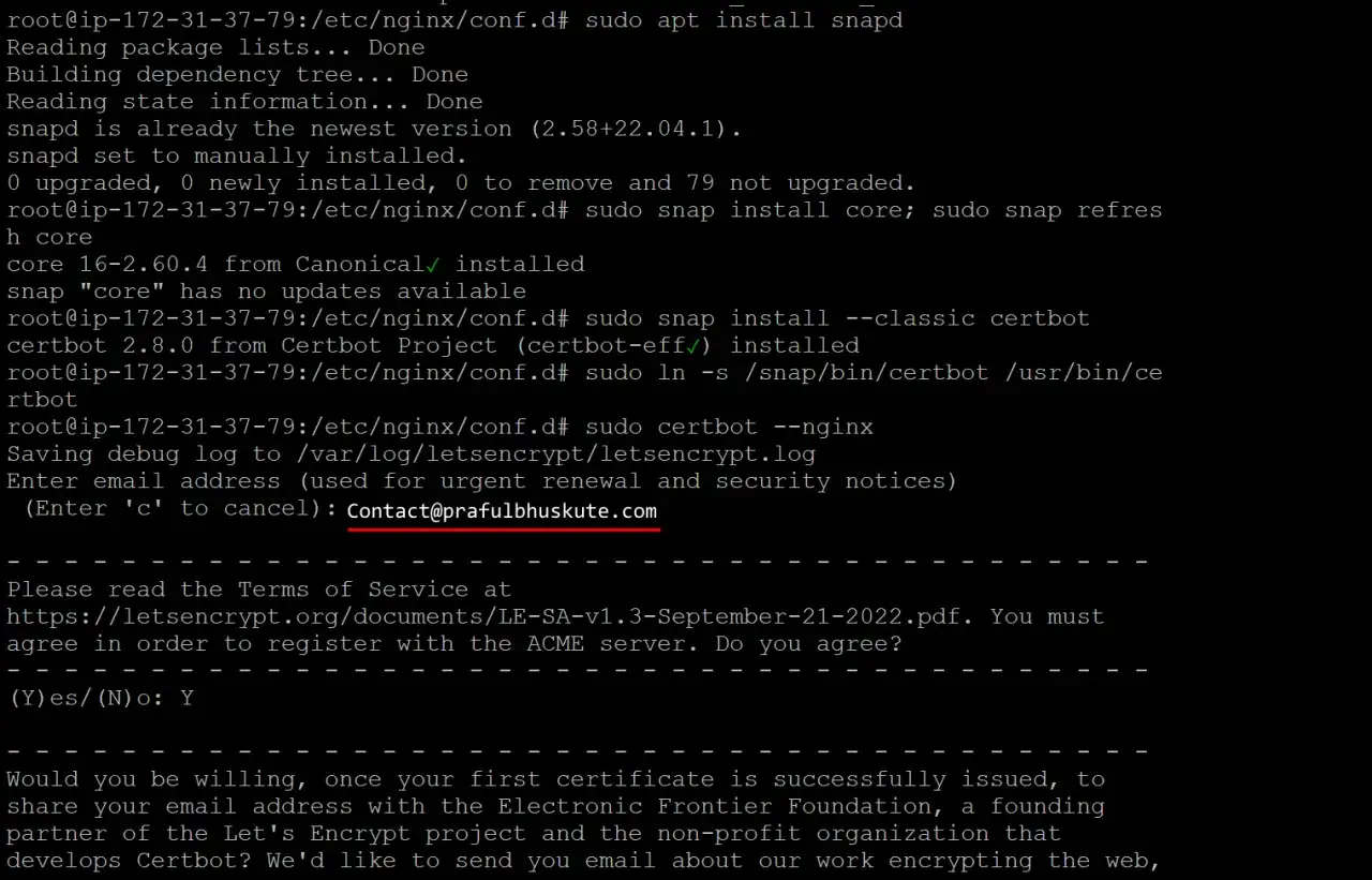 Installation von Certbot auf Ubuntu mit Snap. E-Mail-Adresse für Benachrichtigungen wird eingegeben.
