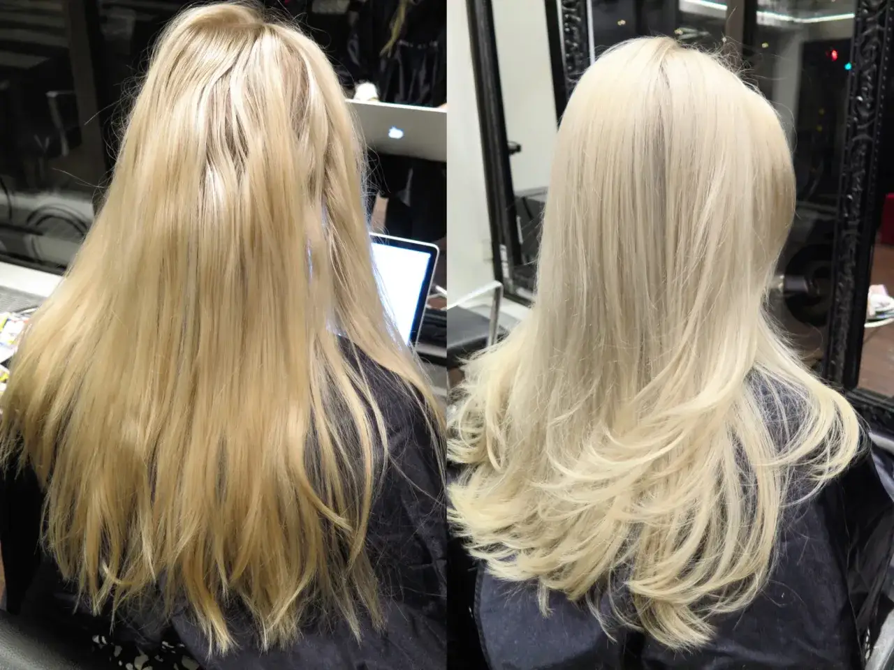 Före och efter bild på blont hår. Frågan