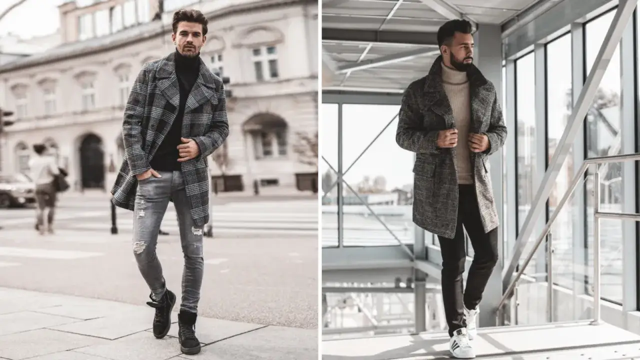 Męski płaszcz w kratę i stylowe buty. Zastanawiasz się, jakie buty do płaszcza męskiego pasują najlepiej? Zobacz inspiracje!