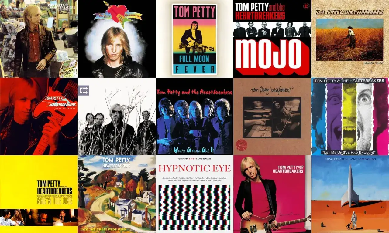 Collage von Albumcovern von Tom Petty. Ein Bild zeigt ihn mit Gitarre, ein anderes mit seiner Band. Der Titel 