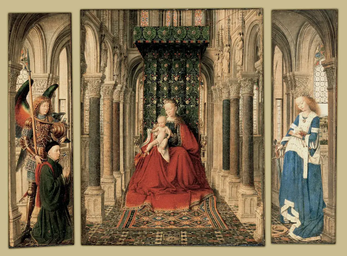 A triptych showcasing Northern Renaissance art: Mary with child, an angel with a kneeling figure, and a crowned woman with a sword.