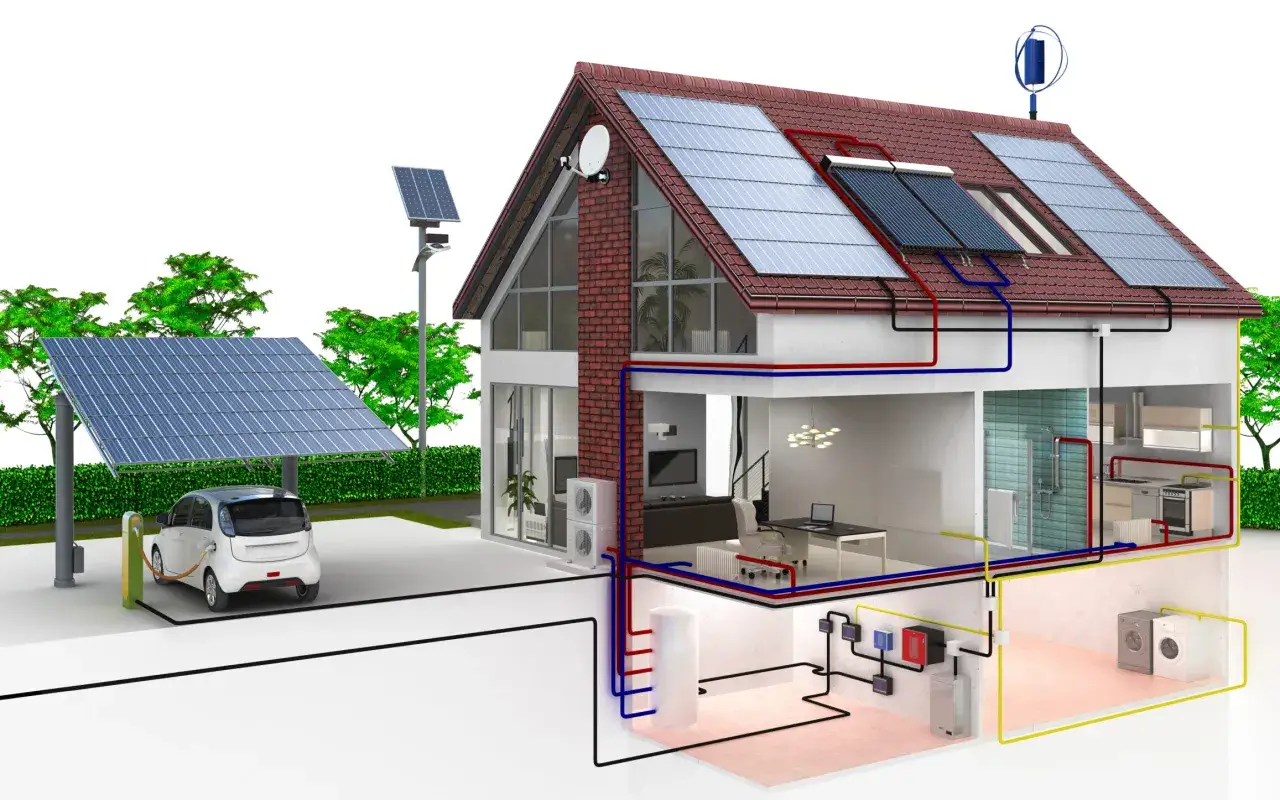 Ein Haus mit Solaranlagen, E-Auto-Ladestation und Heizsystem. Dies zeigt die Bedeutung von erneuerbaren Energien f&uuml;r ein nachhaltiges Zuhause.