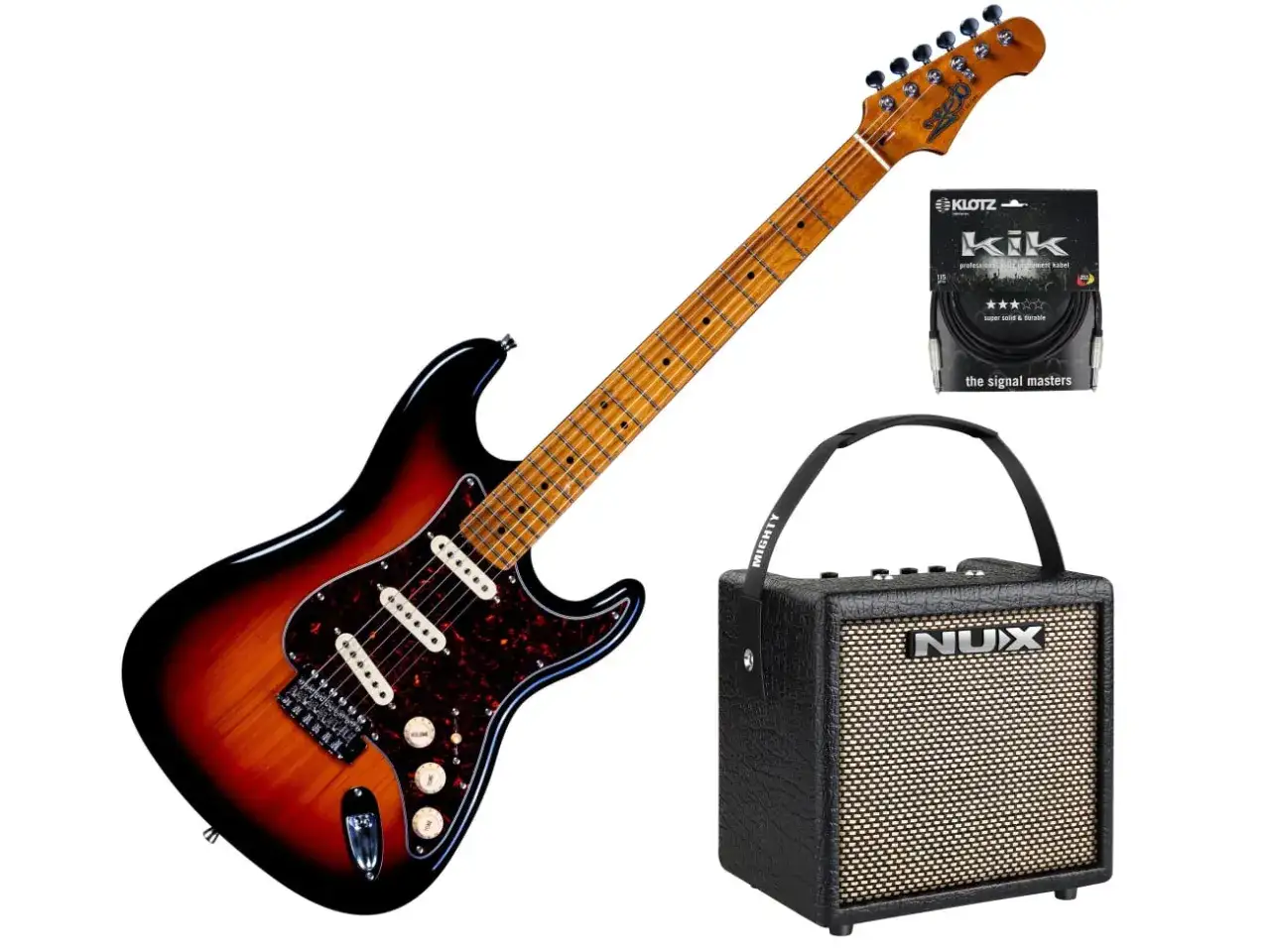 Gitara elektryczna, wzmacniacz NUX i kabel Klotz – to wszystko, co potrzeba do gitary elektrycznej, by zacząć grać.