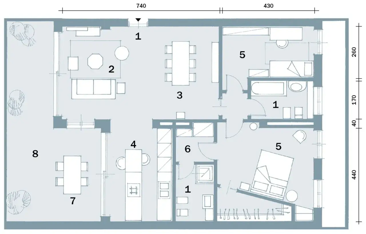 Planimetria di un appartamento di 100 mq: idee su come dividere casa, con soggiorno (2), sala da pranzo (3), cucina (4), camere (5), bagno (1) e altre aree.