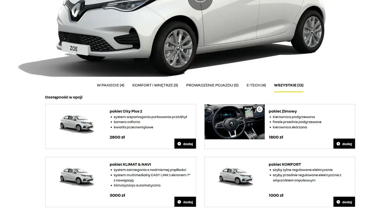 Renault Zoe dane techniczne: pakiety wyposażenia, w tym City Plus 2, Zimowy, Klimat & Navi i Komfort.