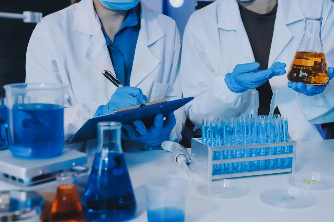 Naukowcy w białych fartuchach analizują płyny w prob&oacute;wkach i kolbach. Czy warto podjąć studia chemiczne? To pytanie, na kt&oacute;re odpowiedź znajdziesz w laboratorium.
