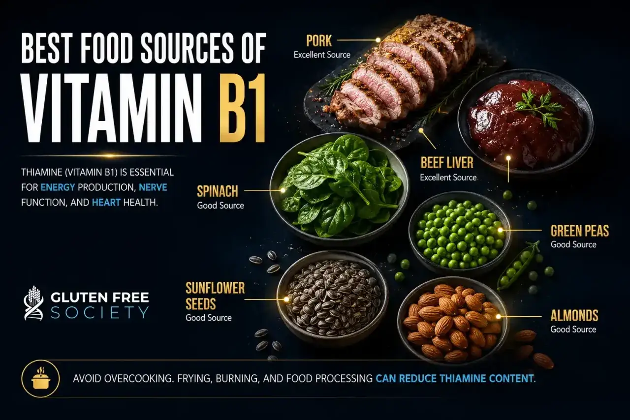 Beste Quellen f&uuml;r Vitamin B1: Schweinefleisch, Rinderleber, Spinat, Erbsen, Sonnenblumenkerne und Mandeln. Thiamin ist wichtig f&uuml;r Energie und Nerven.