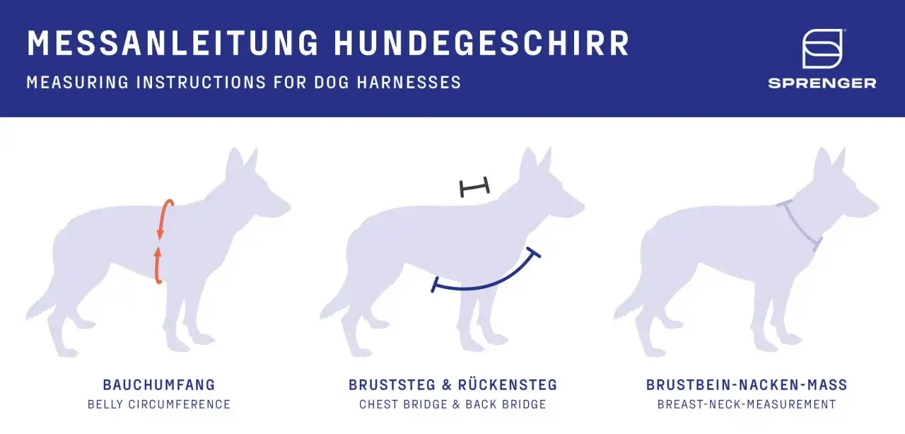 Anleitung zur Auswahl verschiedener hundegeschirr arten: Bauchumfang, Bruststeg & R&uuml;cken, Brustbein-Nacken-Mass.