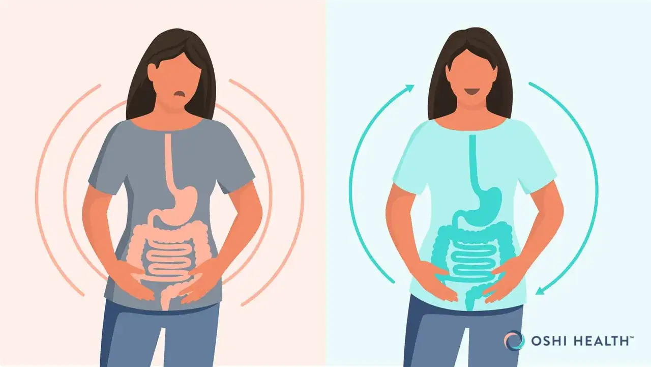 Femme souffrant de spasmes intestinaux (gauche) et femme apaisée (droite), montrant le système digestif.