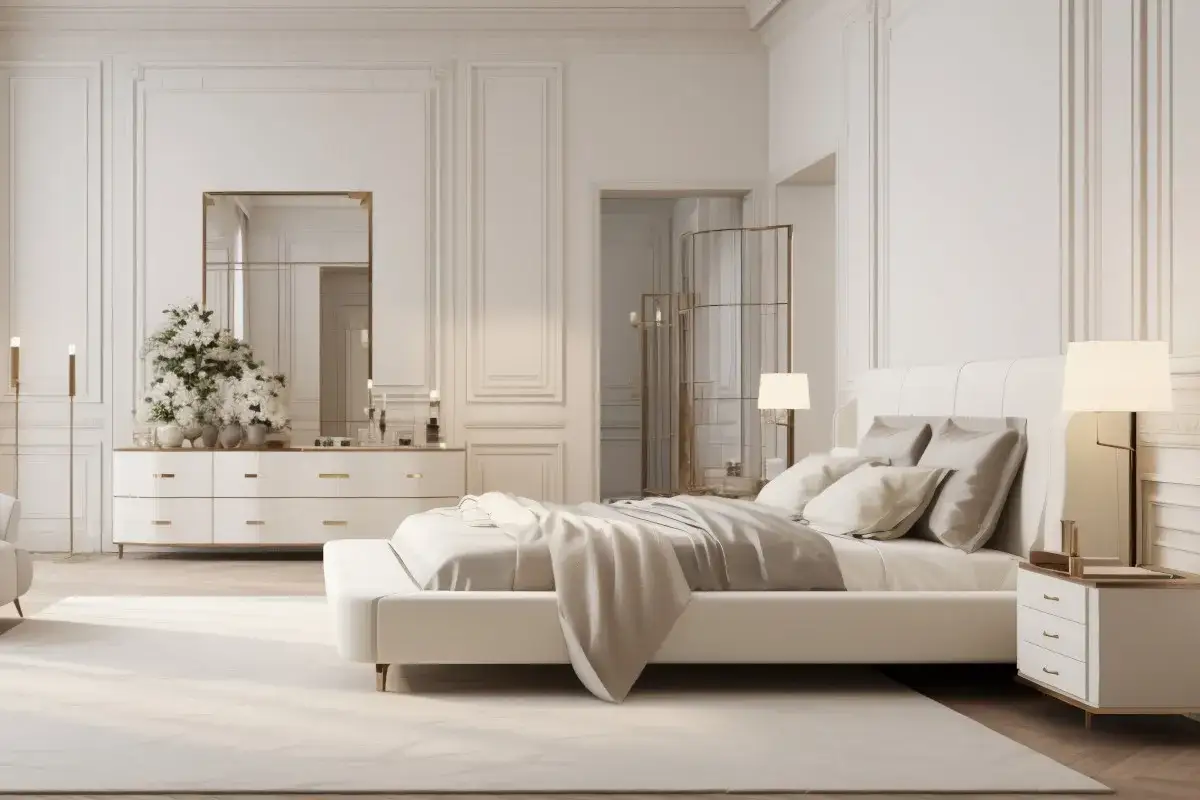 Elegancka sypialnia modern classic z białym ł&oacute;żkiem, komodą i lustrem. Wnętrze emanuje spokojem i luksusem.