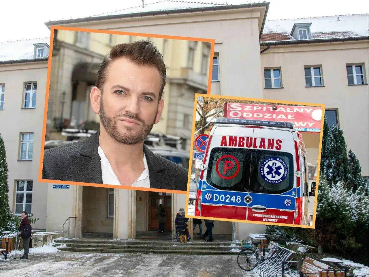 Gwiazda reality show w szpitalu. Powód nagłej hospitalizacji nieznany. Widoczny ambulans przed budynkiem.
